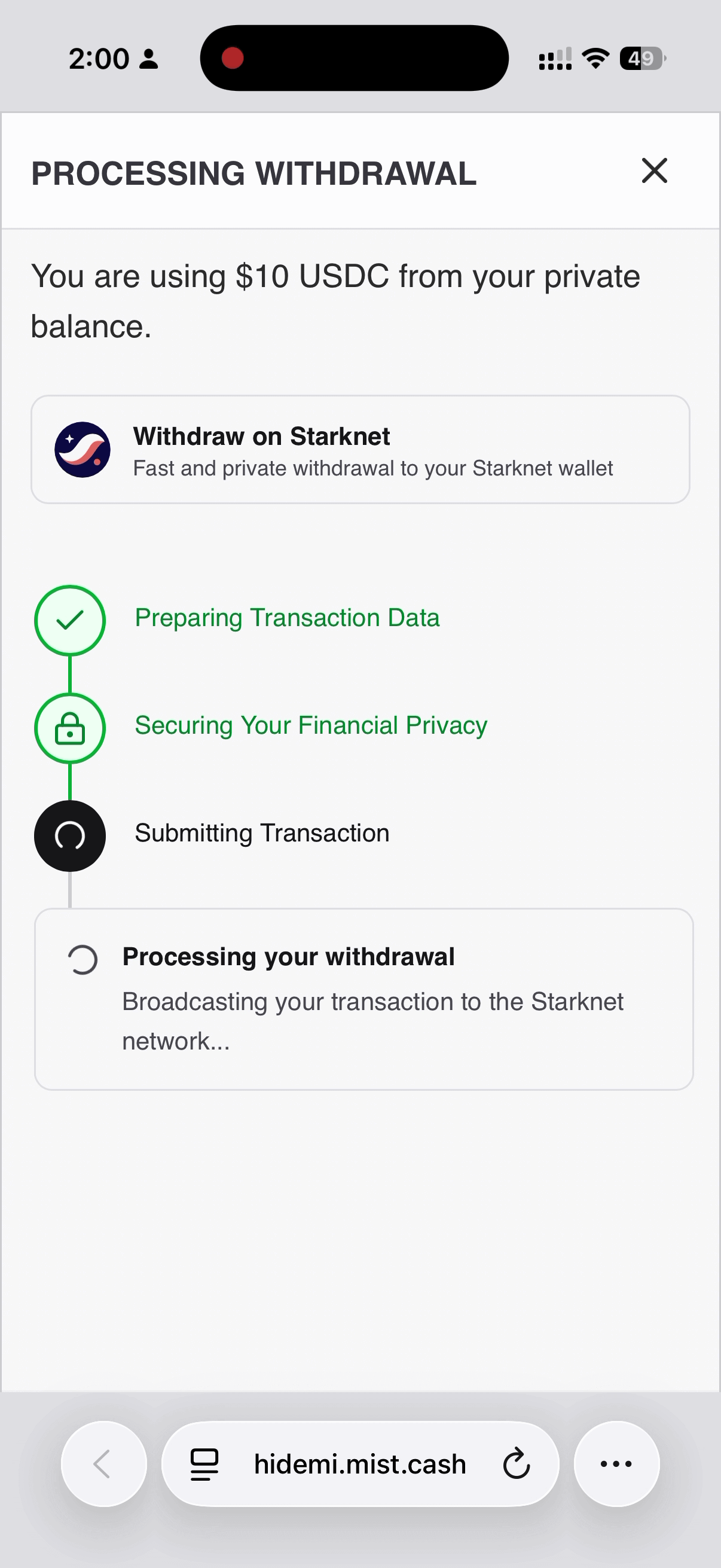 Withdraw Payment Privately